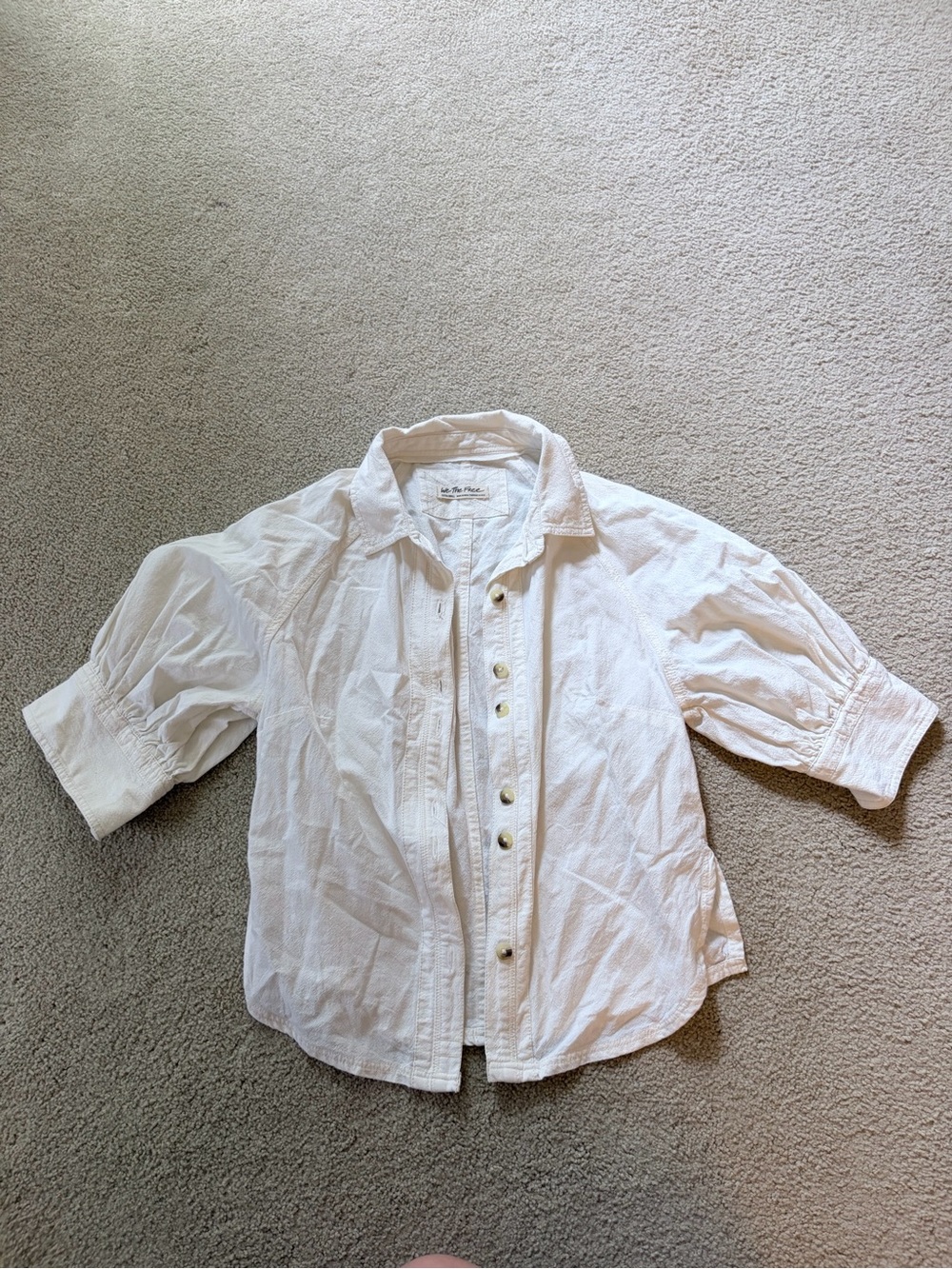 Women’s Free People White Button-Up Shirt with Puff Sleeves